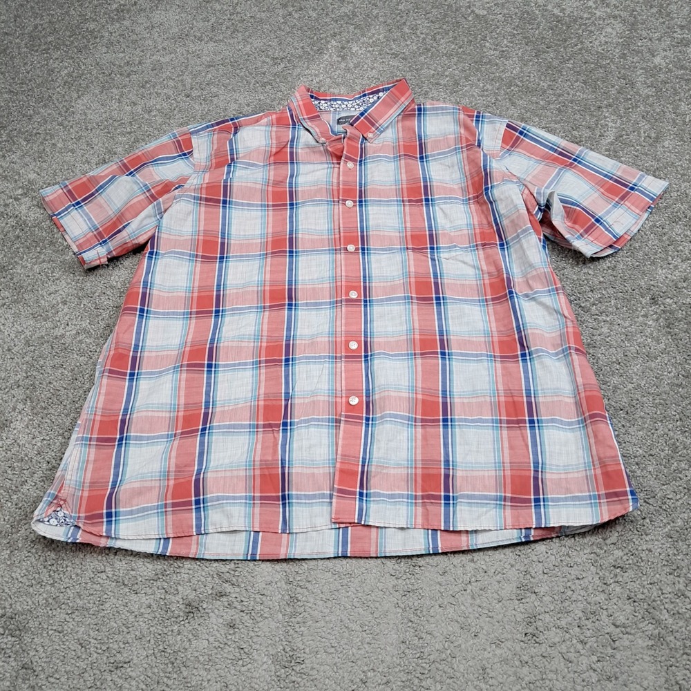 Van Heusen Mens XXL Short Sleeve Plaid Button Down Shirt Red Blue White 8237